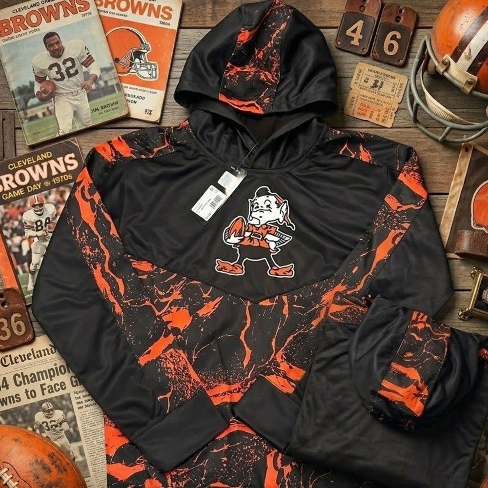 NWT Cleveland Browns Youth L 14/16 Hoodie "Brownie The Elf" Splatter Sweatshirt